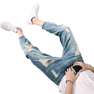 夏季破洞九分牛仔裤男生韩版百搭小脚乞丐裤潮牌休闲宽松哈伦裤子