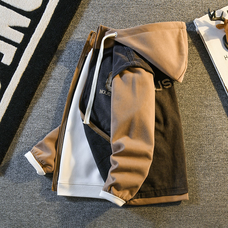 假两件拼接牛仔外套男连帽工装夹克高级感潮流帅气休闲上衣棒球服