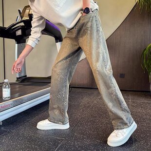 美式休闲高街直筒牛仔裤男夏季痞帅弯刀裤提花满印设计感微喇长裤