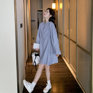 蓝竖条纹连衣裙100%全棉休闲韩版长期有货支持退现P115k158,女装连衣裙,浙宝220A