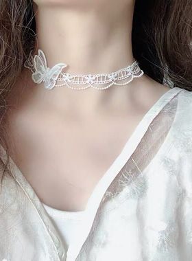 纯欲风少女心白色蕾丝蝴蝶项链颈带颈链锁骨链choker夏天短款