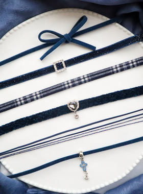 藏蓝丝绒choker项圈女韩系简约爱心十字吊坠锁骨链时尚颈链饰品