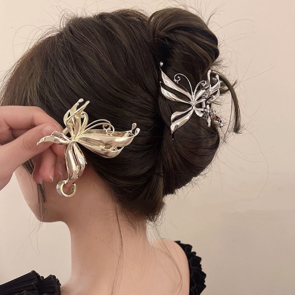 复古线条蝴蝶抓夹小号复古半扎发发夹女后脑勺金属鲨鱼夹子高级感