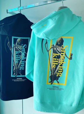 #FR2 月桃GETTO Smoking Death 骷髅死神 男女加绒连帽卫衣帽衫潮