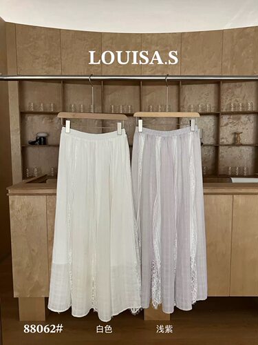 LOUISA.S法式蕾丝拼接半身裙女2026春季新款慵懒风亚麻天丝中长裙