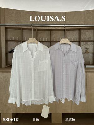 LOUISA.S韩系蕾丝拼接后开衩长袖衬衫女2026春新款亚麻天丝防晒衫