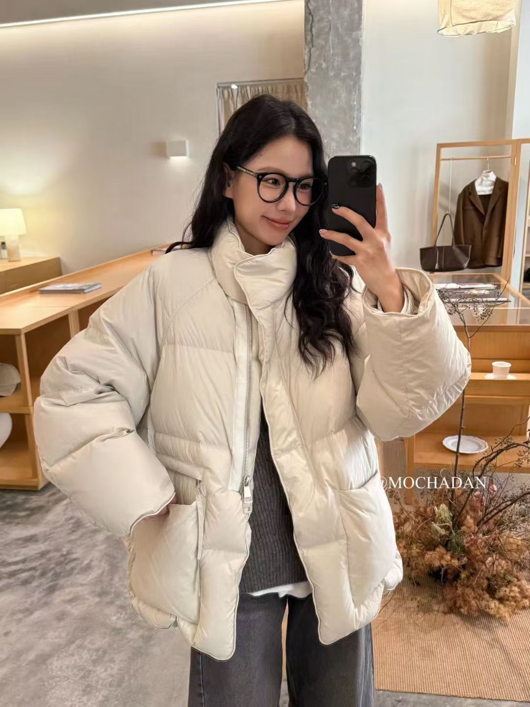 Der.moookka韩系立领斜拉链90白鸭绒羽绒服女25冬时尚百搭面包服