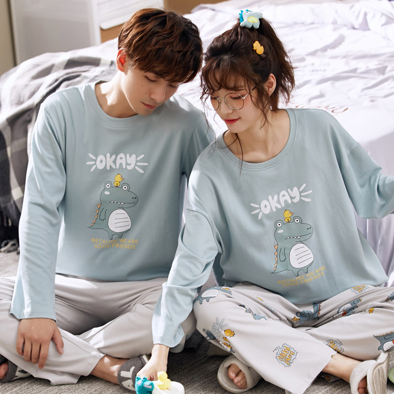 2套价 情侣睡衣春秋款纯棉长袖韩版可爱秋冬季男女士家居服套装