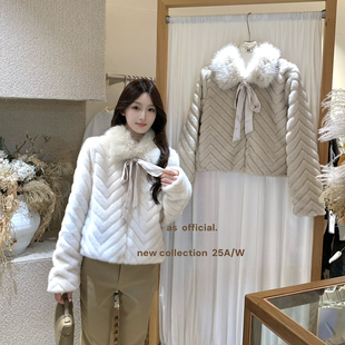 AS OFFICIAL-缎面蝴蝶结环保毛皮草外套短外套(配毛领不可拆25956