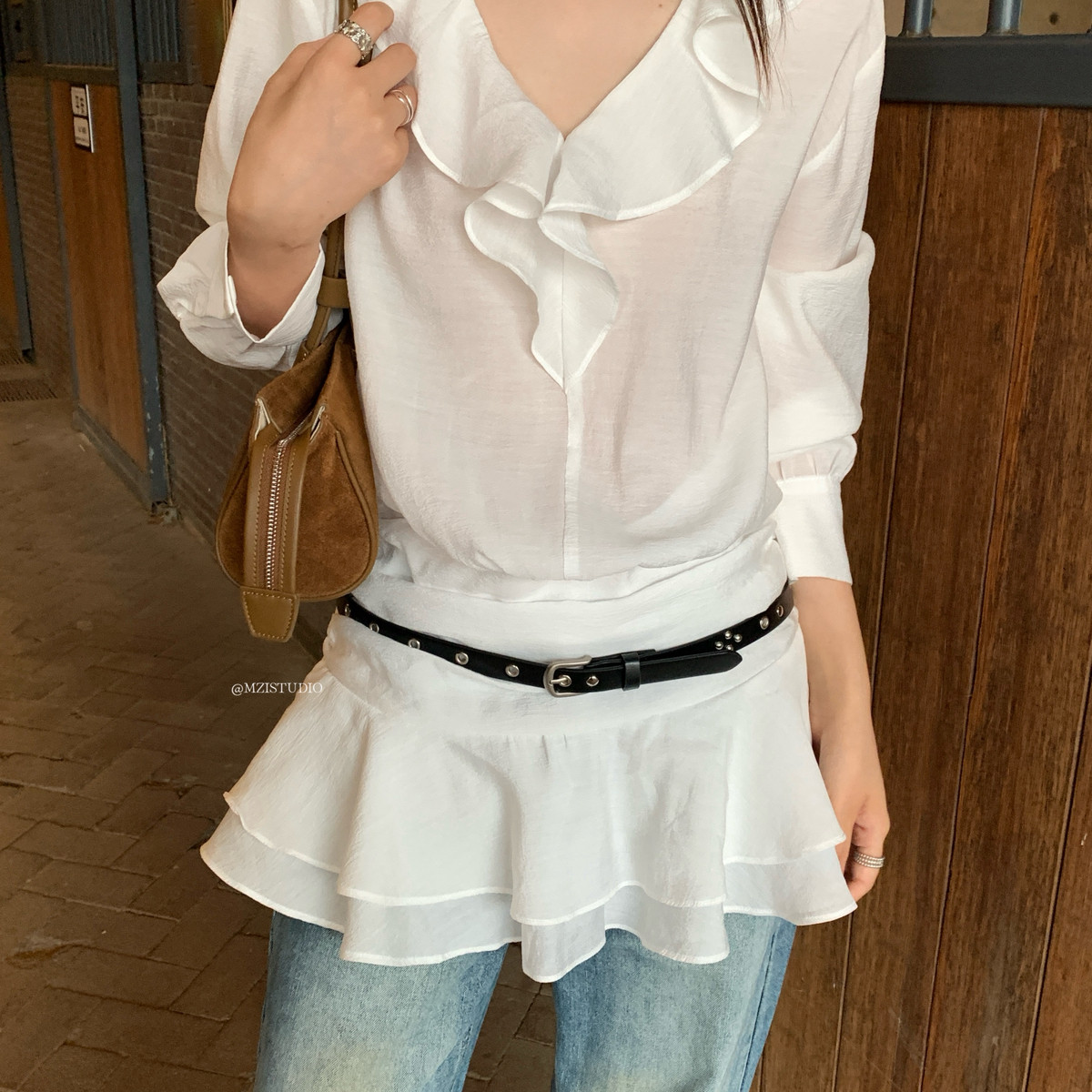 MZI STUDIO-秋日浪漫荷叶边v领甜美温柔气质小女人连衣裙A10328#图片