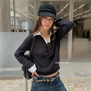 MZI STUDIO-调韩系秋款翻领衬衣拼接假两件智感小女人毛衣A80293#