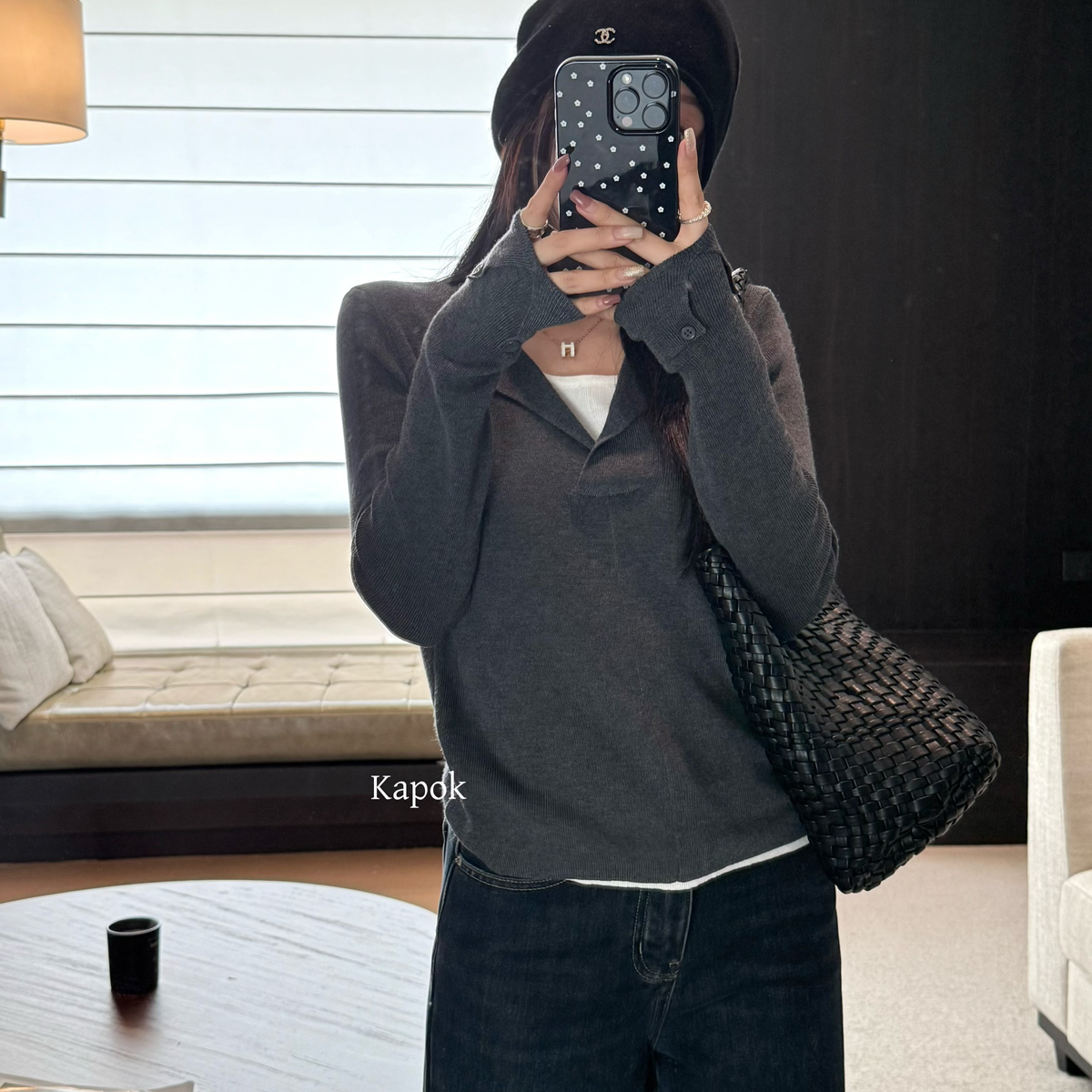 KAPOK-百搭纯色V领半开领假两件修身打底毛衣(含6羊毛)25F013