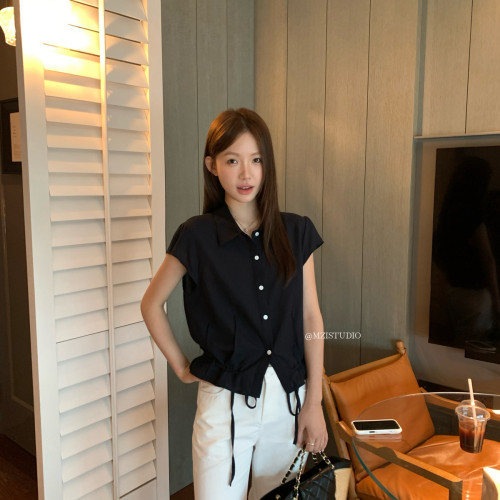 MZI STUDIO-轻盈流动韩版夏季衬衫领钮扣抽绳清透百搭小衫157707#
