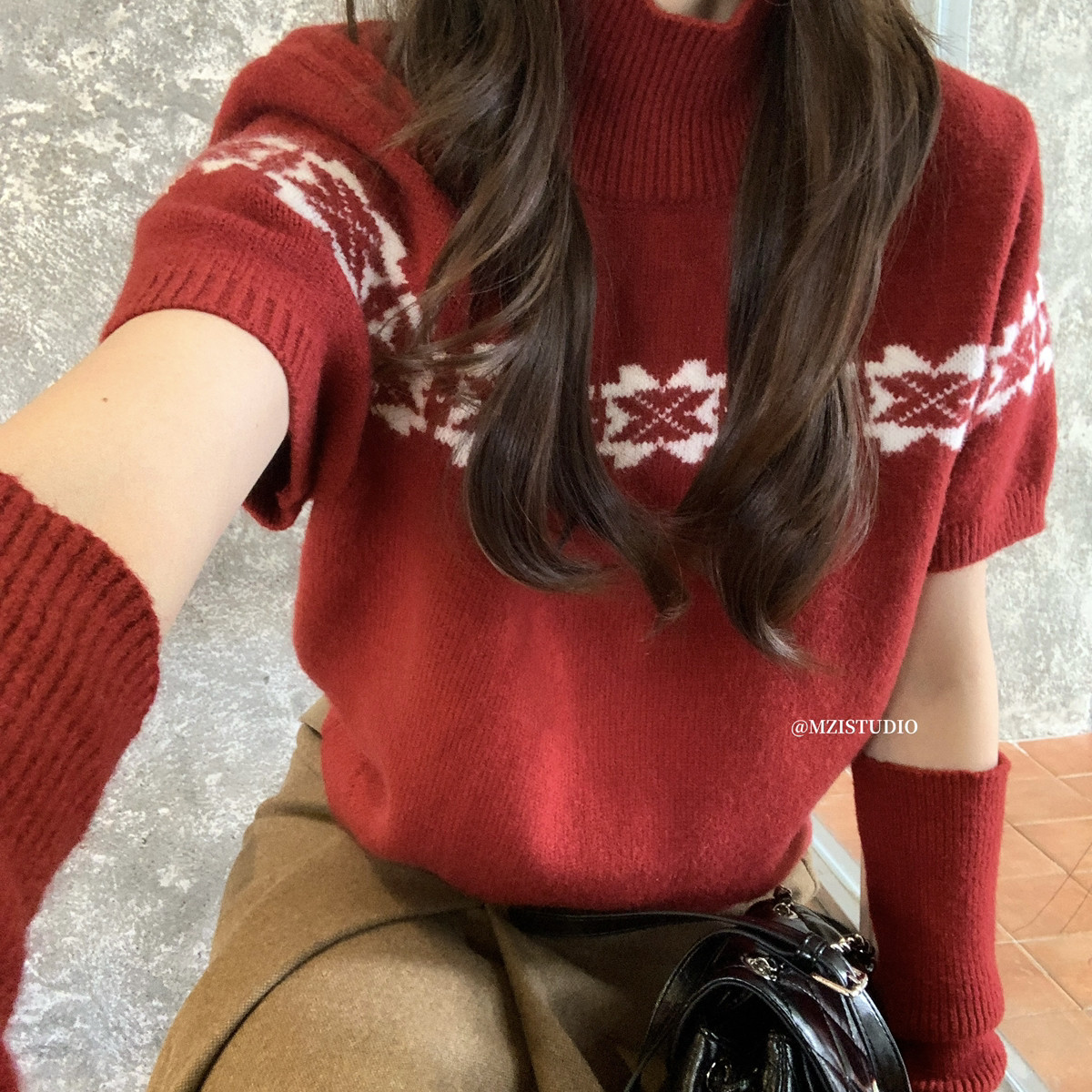 MZI STUDIO-复古少女感高领提花短袖叠穿保暖毛衣(配袖套)25227#,女装/女士精品,毛针织衫,淘宝优惠券,粉丝福利购,淘宝优惠卷