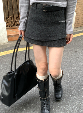 MZI STUDIO-拼接毛呢高级感冬日半身裙(配皮带)（含50羊毛）18355