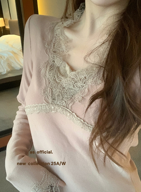 AS OFFICIAL-冬季新款简约显瘦蕾丝花边内搭单穿小衫25979