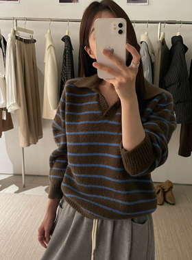 KITTIN-智欧尼韩标WoolBlend｜复古条纹polo领加厚慵懒风毛衣G195