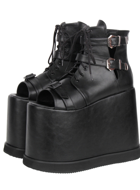 2025新品朋克PUNK靴 露趾皮带扣装饰超高跟松糕短靴凉靴L441