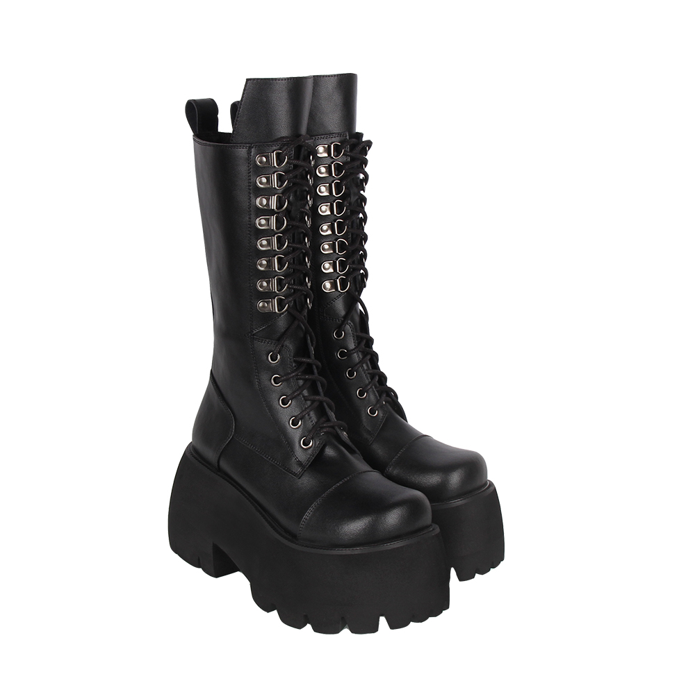 2024新品经典Lolita PUNK靴圆头厚底松糕系带高筒靴M093