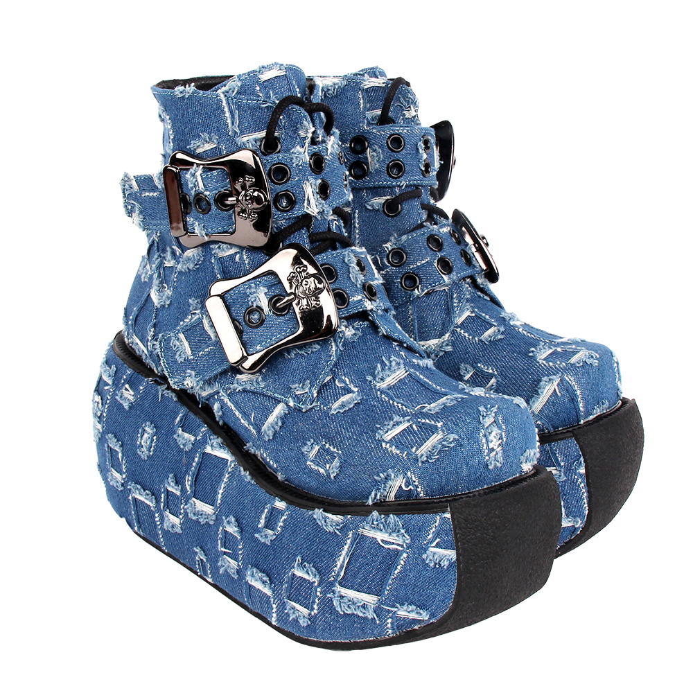 超高跟厚底短靴厚底破洞牛仔