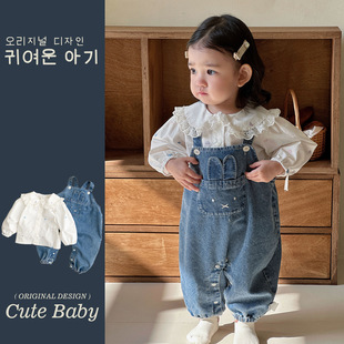 超萌女宝宝牛仔背带裤套装娃娃领打底衫超洋气一岁小女孩炸街春装