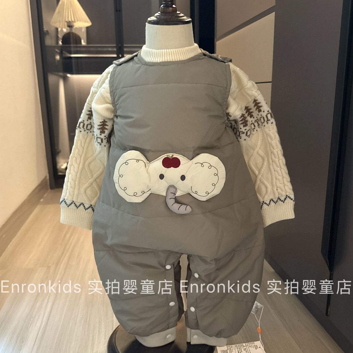 婴幼儿羽绒服冬款男宝宝卡通无袖背带裤新国标90白鸭绒保暖连体裤