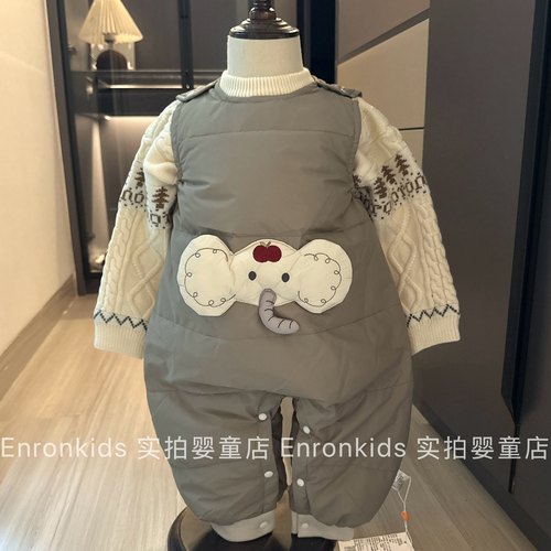 韩国婴儿冬装90白鸭绒背带连体衣