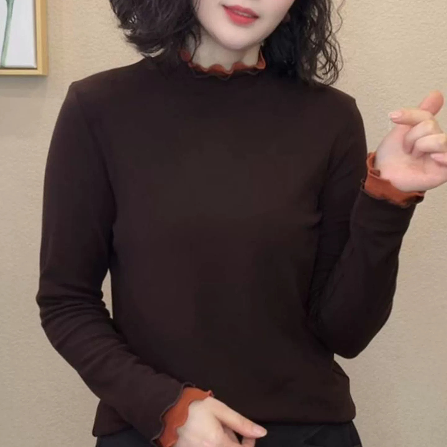时尚半高领长袖打底秋季新款百搭显瘦T恤简约高级气质漂亮妈妈装
