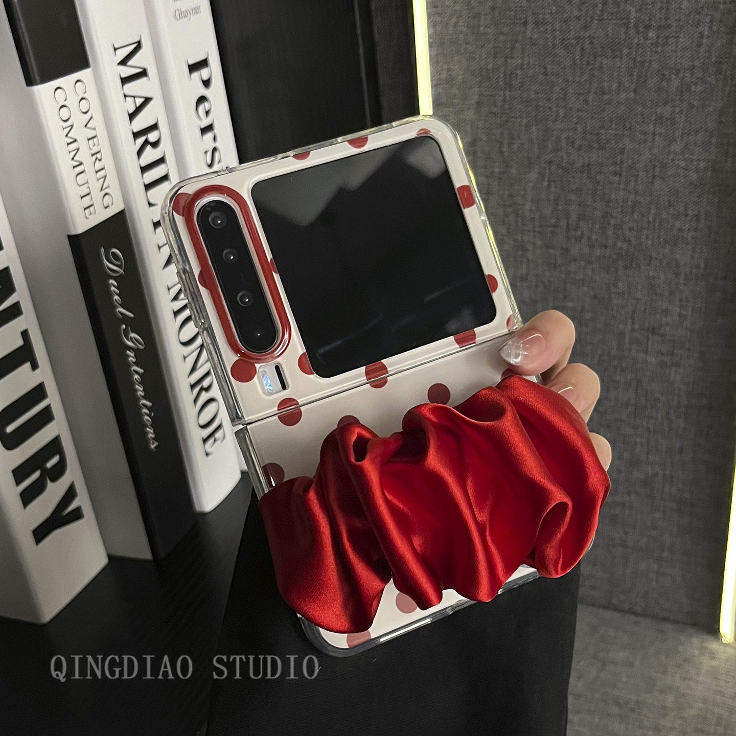 轻调 ins日韩白底波点红色丝巾腕带适用于华为Pura X手机壳全包新款purax典藏版折叠屏p50宝盒翻盖防摔保护套