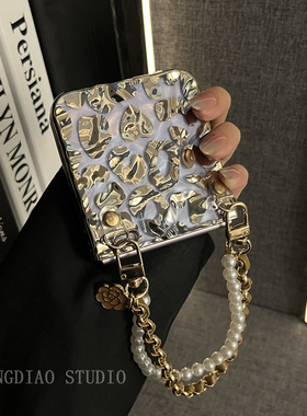 轻调 ins少女心金色豹纹山茶花手提链适用于荣耀MagicVFlip2手机壳新款Magic折叠屏V FLIP防摔肤感翻盖保护套