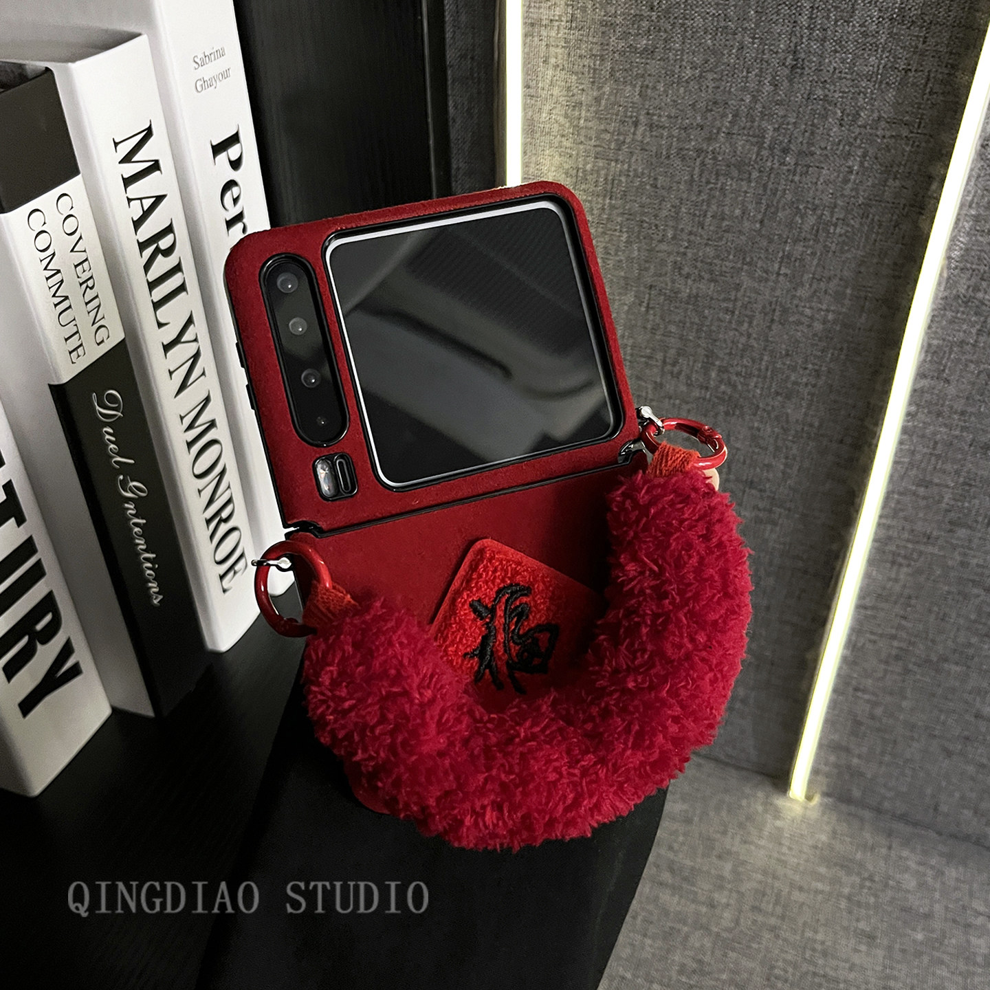 轻调 新年红色丝绒刺绣福字毛茸手提腕带适用于华为Pura X手机壳全包新款purax典藏版折叠屏p50宝盒翻盖防摔