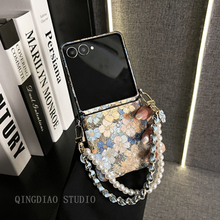 烫金蓝色花朵串珠手提链适用于三星zflip7 折叠屏翻盖防摔保护套 轻调 GalaxyW25Flip手机壳新款 ins韩式