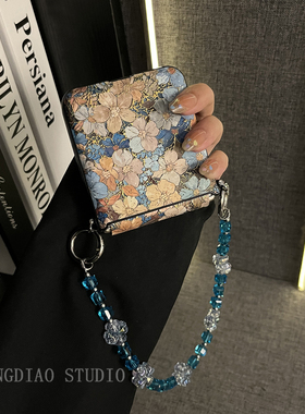 轻调 复古风烫金蓝色花朵方块手提链适用于小米MIX Flip2手机壳全包新款MIX限量版flip折叠屏翻盖防摔保护套