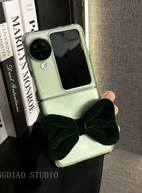 轻调 韩系清新简约透墨绿丝绒蝴蝶结适用于oppo findn3/2flip手机壳新款折叠屏网红超薄翻盖高级感防摔保护套