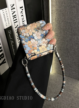 轻调 ins小众复古烫金蓝色花朵迷彩手提绳适用于荣耀MagicVFlip2手机壳新款Magic折叠屏V FLIP防摔翻盖保护套