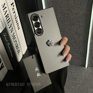 高级黑超薄烤漆立体山茶花适用于三星zfold5/4/3手机壳新款折叠屏韩国GalaxyW24/23/22限量翻盖防摔保护套潮