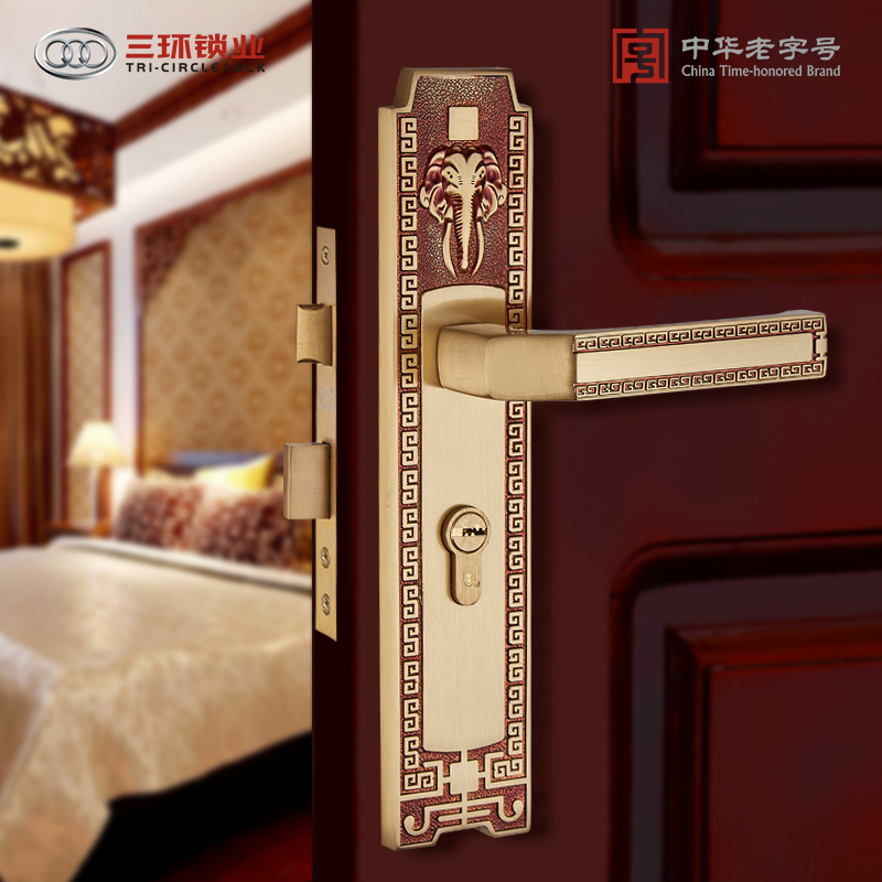 三环新中式纯铜门锁静音门把手