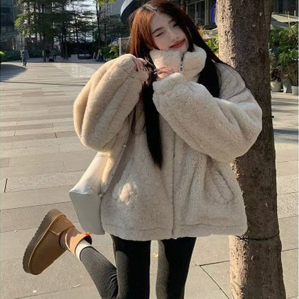 美拉德毛绒外套2025秋冬新款小个子时尚宽松加厚立领羊羔毛外套
