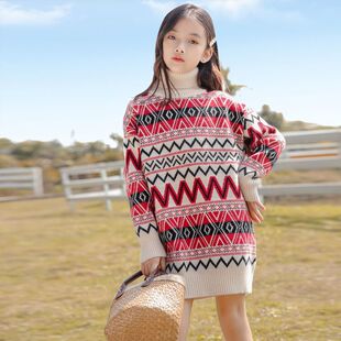 女童毛衣裙针织打底衫中大童2022新款秋冬装洋气套头中长款毛线衣