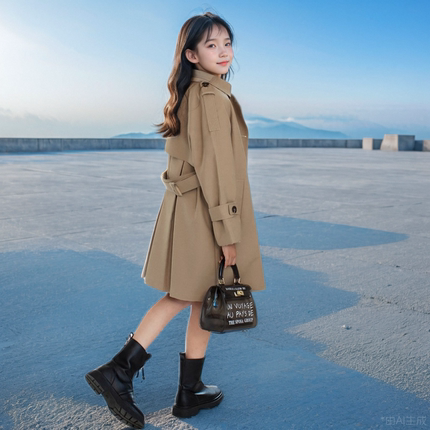 女童风衣中长款2025春装新款洋气大童韩版儿童英伦风外套春秋外衣
