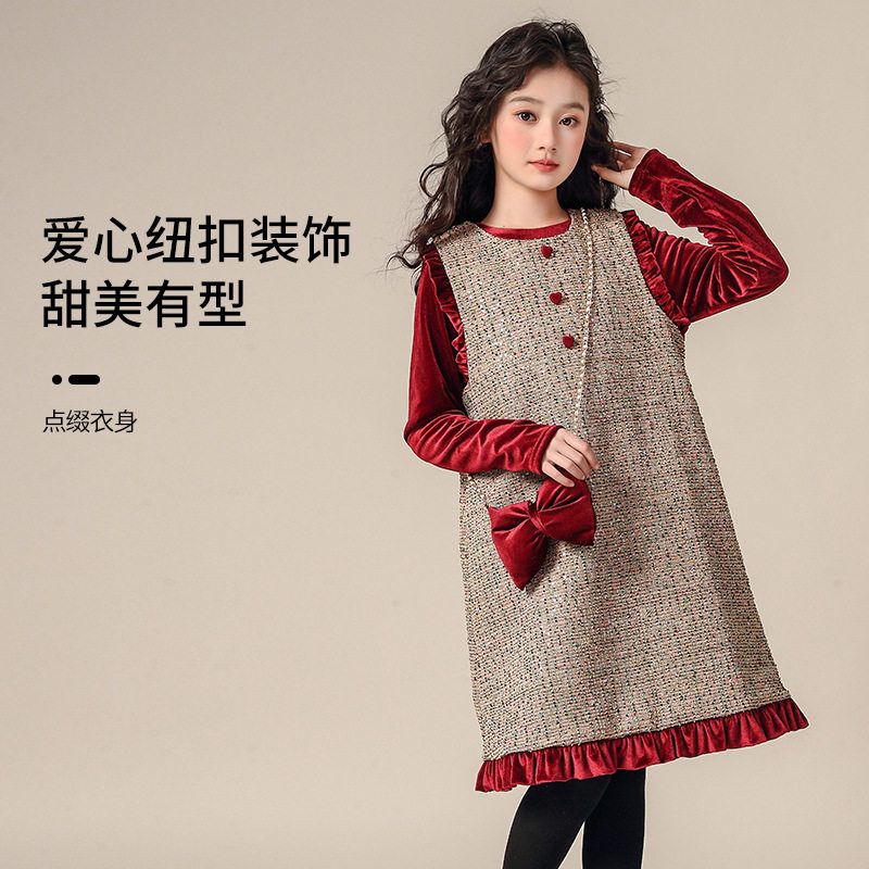 女童连衣裙套装2024新款儿童裙子女孩网红洋气时髦红色丝绒背心裙
