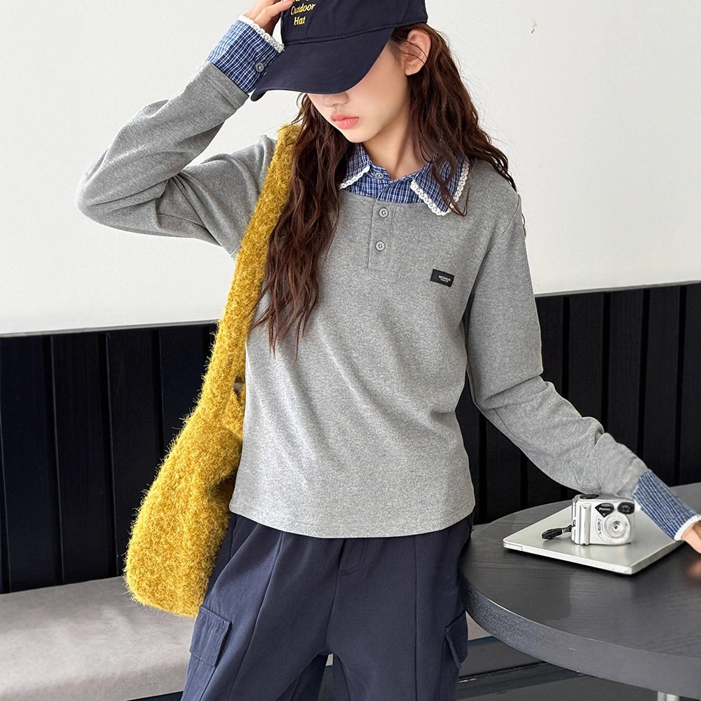 女童冬装打底衫2025新款儿童格子衬衫领上衣大童德绒加厚长袖T恤