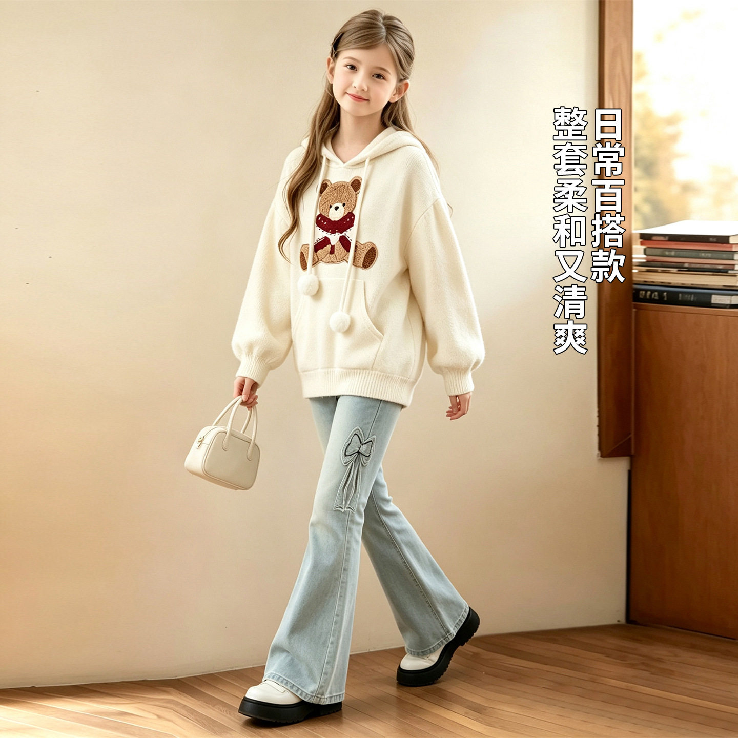 小熊女童秋冬加厚连帽毛衣