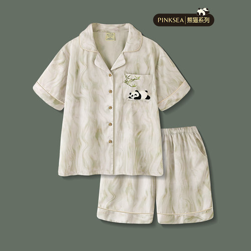情侣睡衣夏季熊猫冰丝短袖家居服