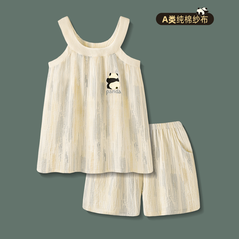 吊带睡衣女款2025新款夏A类纯棉纱布短裤套装夏季熊猫情侣家居服