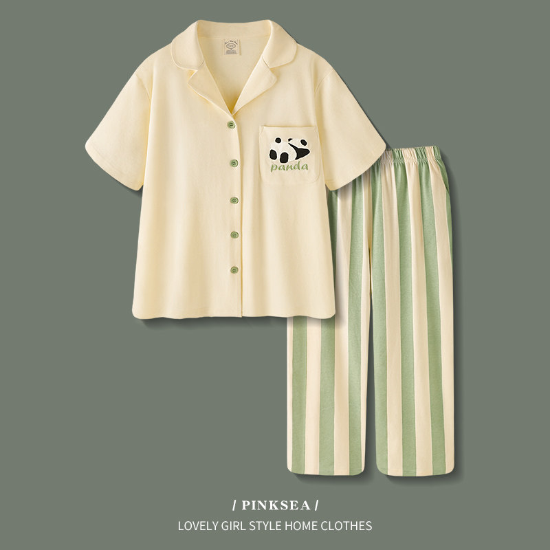 【设计师款】情侣睡衣女夏季短袖长裤套装大码透气纯棉男士家居服