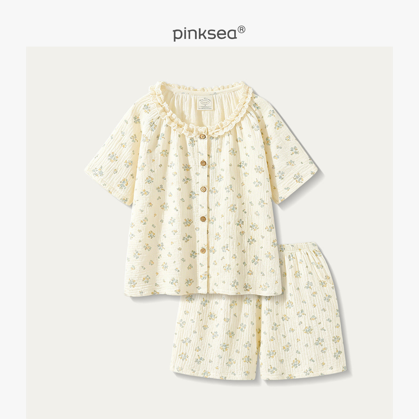 Pinksea睡衣女款新款夏季超柔软纯棉纱布碎花短袖套装女士家居服
