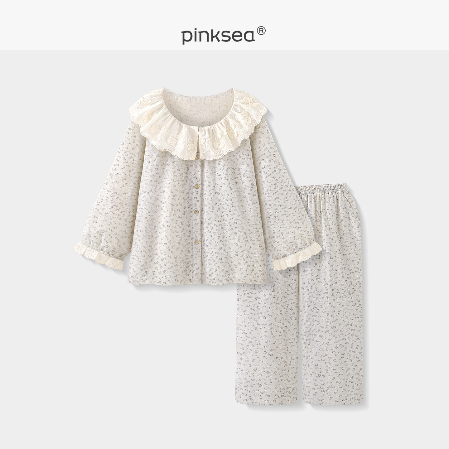 【法式芭蕾】pinksea睡衣女春秋新款纯棉双层纱布碎花长袖家居服