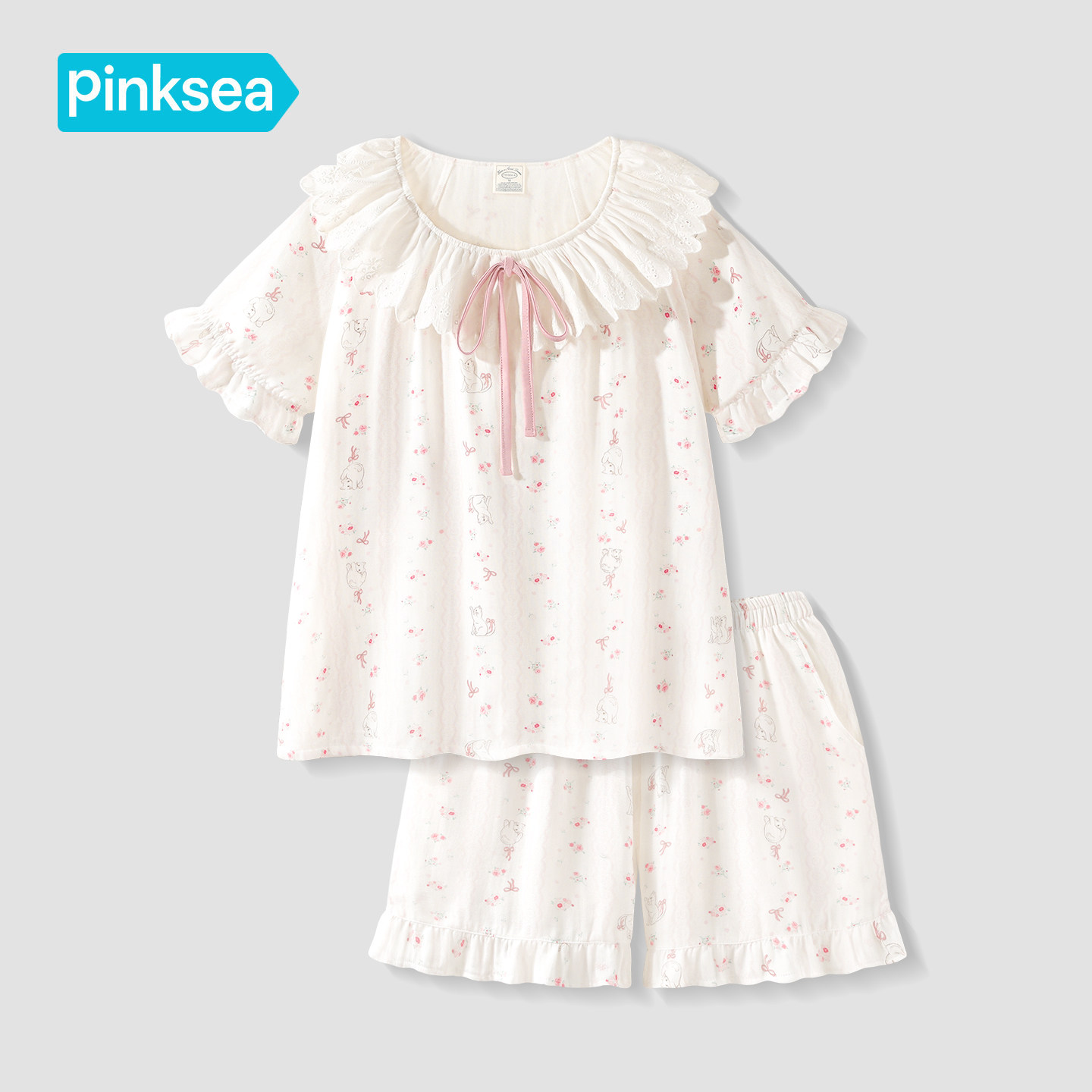 Pinksea睡衣女夏季超柔软A类棉纱纱布短袖碎花套装夏天薄款家居服