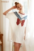 Pinksea nightdress mùa hè cotton mỏng phần dễ thương phim hoạt hình váy ngủ nữ mùa hè đồ ngủ ngắn tay nữ mùa hè trắng - Đêm đầm